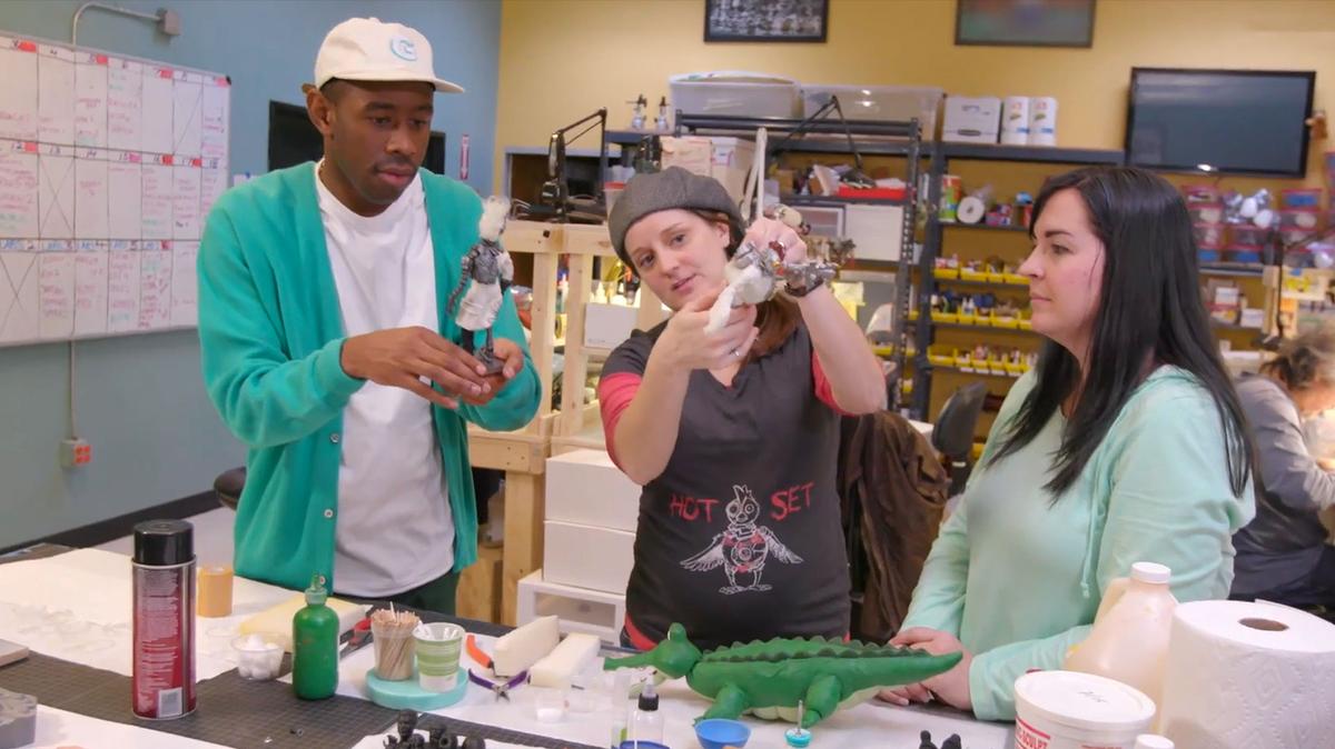 Tyler, the Creator working with the stop motion film crew on the first episode of Nuts and Bolts.