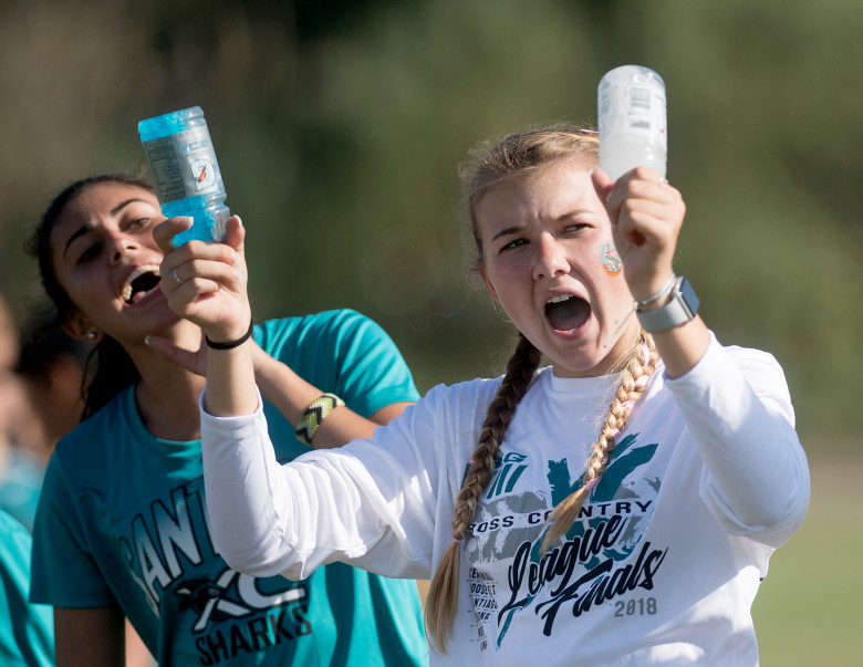 Santiago Highs Haley Taylor, 16, right, cheers on teammates during the girls final at Big VIII Leagues cross country championship. The race was held at Eastvale Community Park in Eastvale, Calif. on Tuesday, Oct. 30, 2018. (Photo by Cindy Yamanaka, The Press-Enterprise/SCNG)