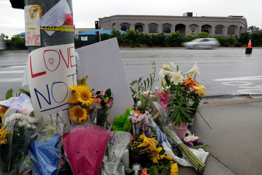 Mandatory Credit: Photo by Gregory Bull/AP/REX/Shutterstock (10222092b)
Signs of support and flowers adorn a post in front of the Chabad of Poway synagogue, in Poway, Calif. A man opened fire Saturday, April 27 inside the synagogue near San Diego, as worshippers celebrated the last day of a major Jewish holiday
Synagogue Shooting California, Poway, USA - 29 Apr 2019