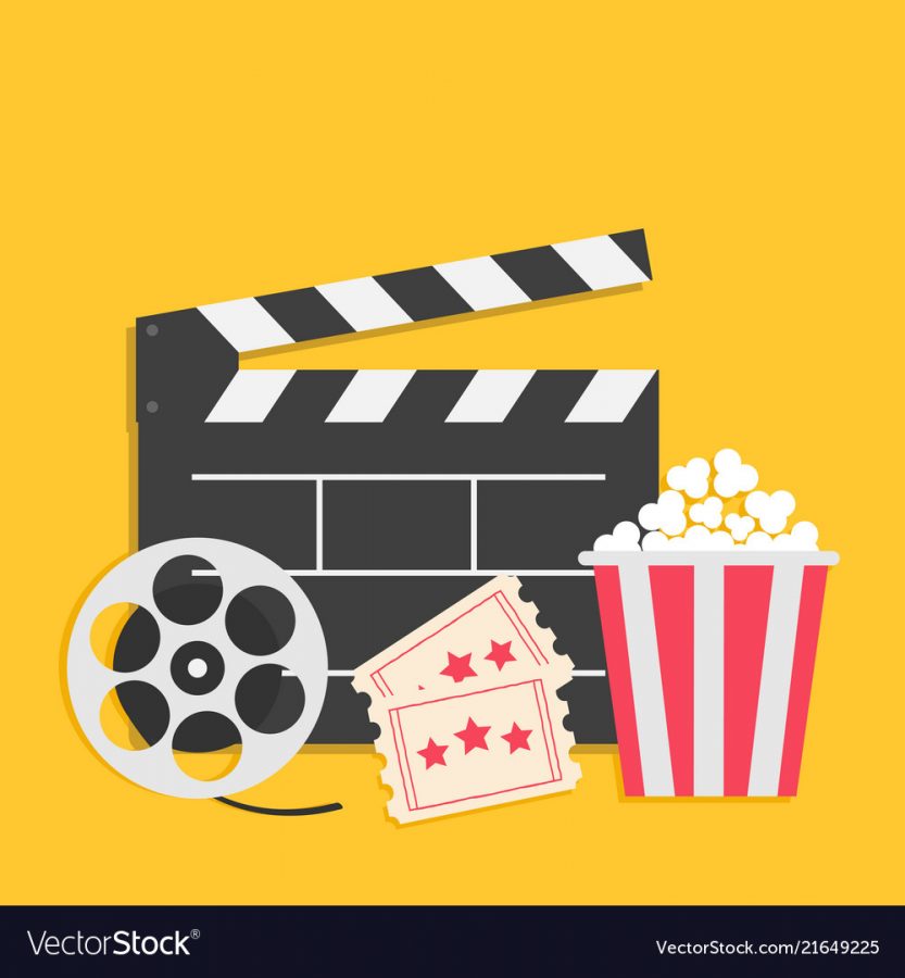 Big movie reel Open clapper board Popcorn box package Ticket Admit one. Three star. Cinema icon set. Yellow background. Flat design style. Vector illustration