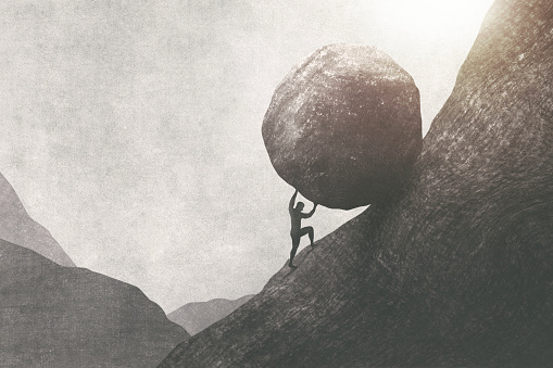 strong man pushing big rock uphill, surreal concept