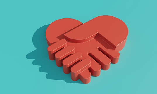 Two hands shaking with the shape of heart symbol on teal green background, symbolizing gratitude concept. (3d render)