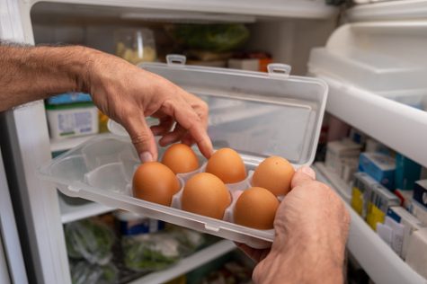 Person receiving eggs in an egg box made of 5 pp material from the refrigerator at home
