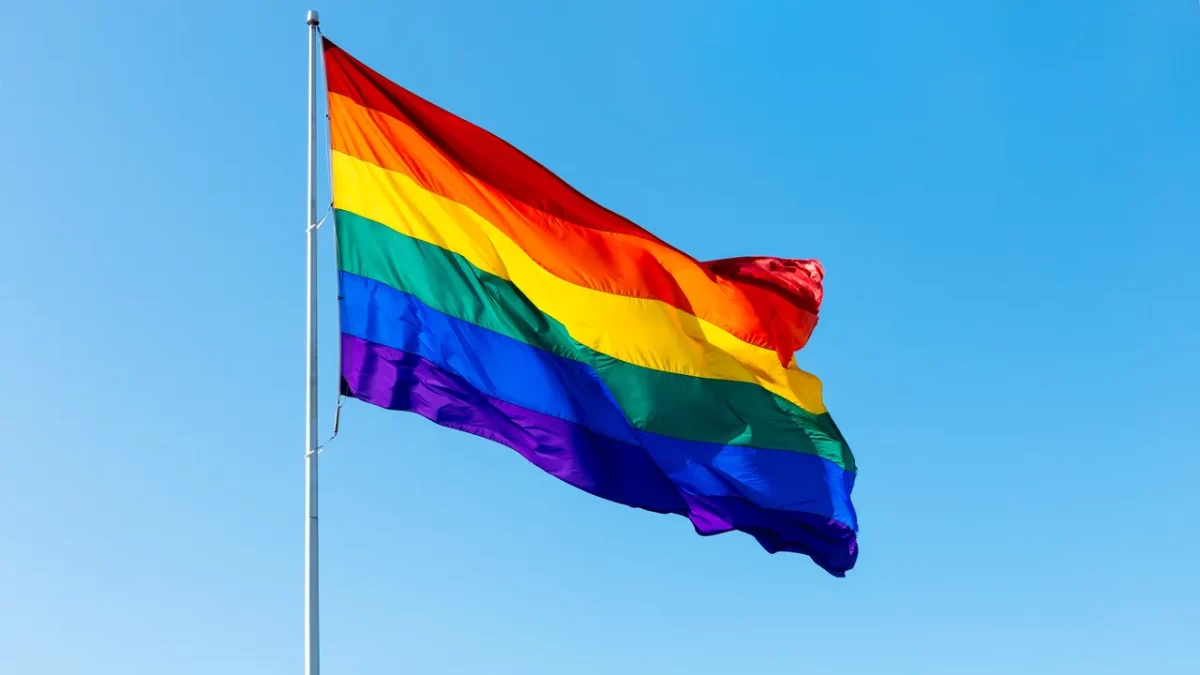 The LGTBQ+ Flag blowing in the wind by Alexander Spatari/Getty Images