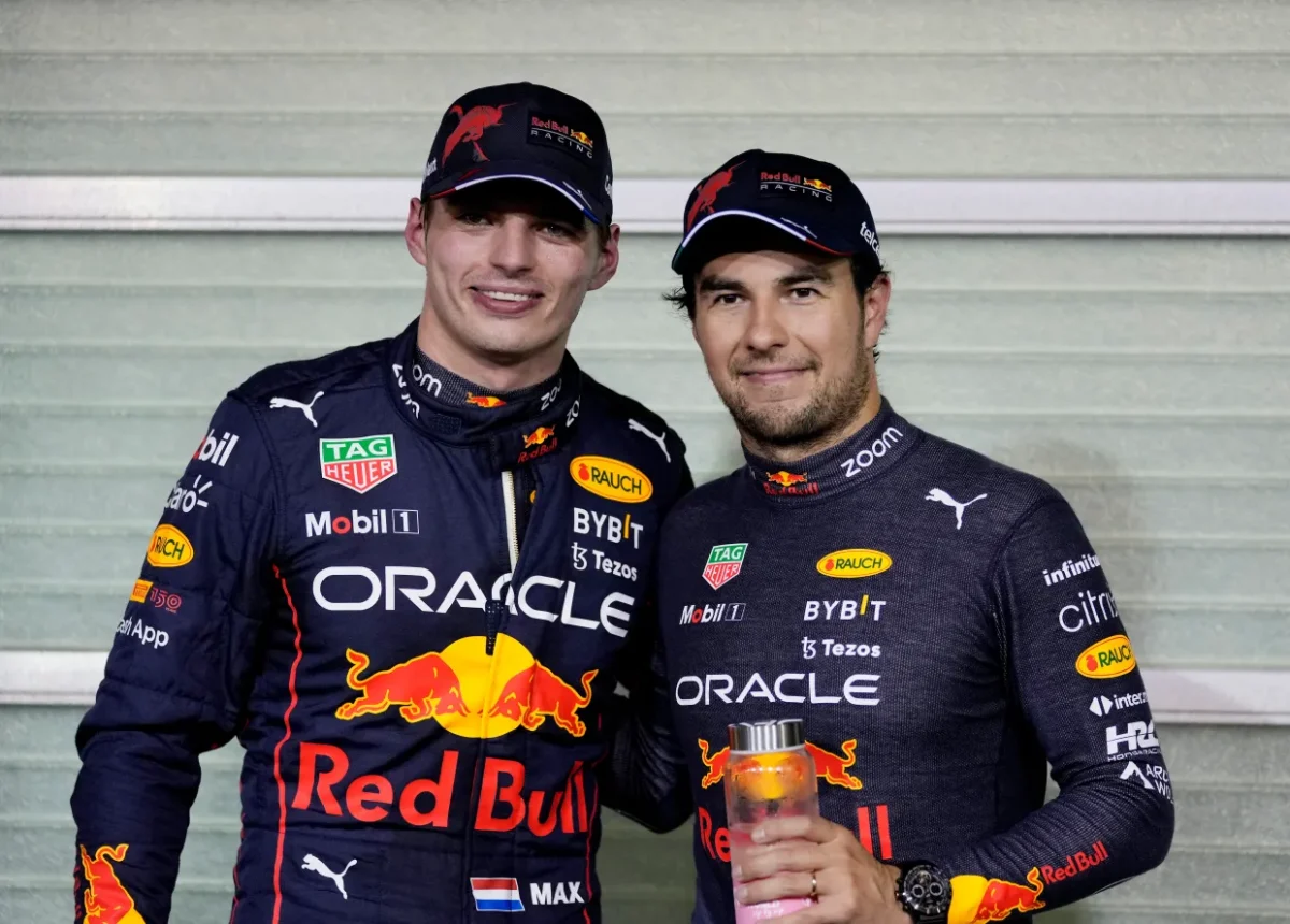 Max Vertsappen, left, and Sergio Perez, right, the two drivers for Red Bull Racing