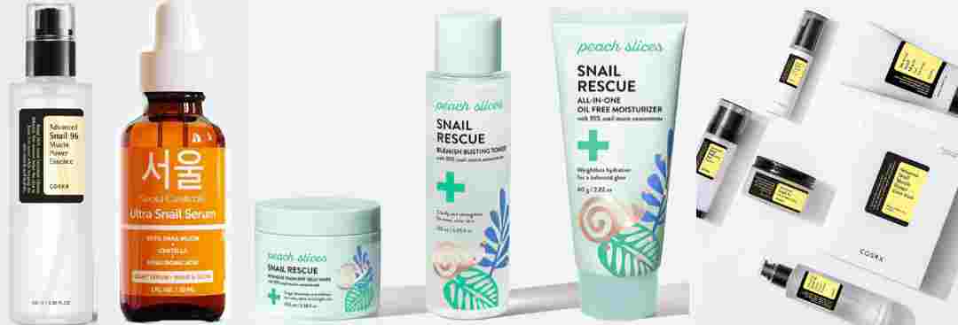 snail mucin products
Cosrx, Seoul Ceuticals, Peach and Lily