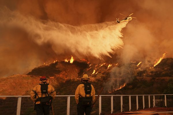 Firefighters watch as water is dropped on the Palisades Fire in Mandeville Canyon on Saturday, Jan. 11, 2025, in Los Angeles. (AP Photo/Jae C. Hong) (AP)